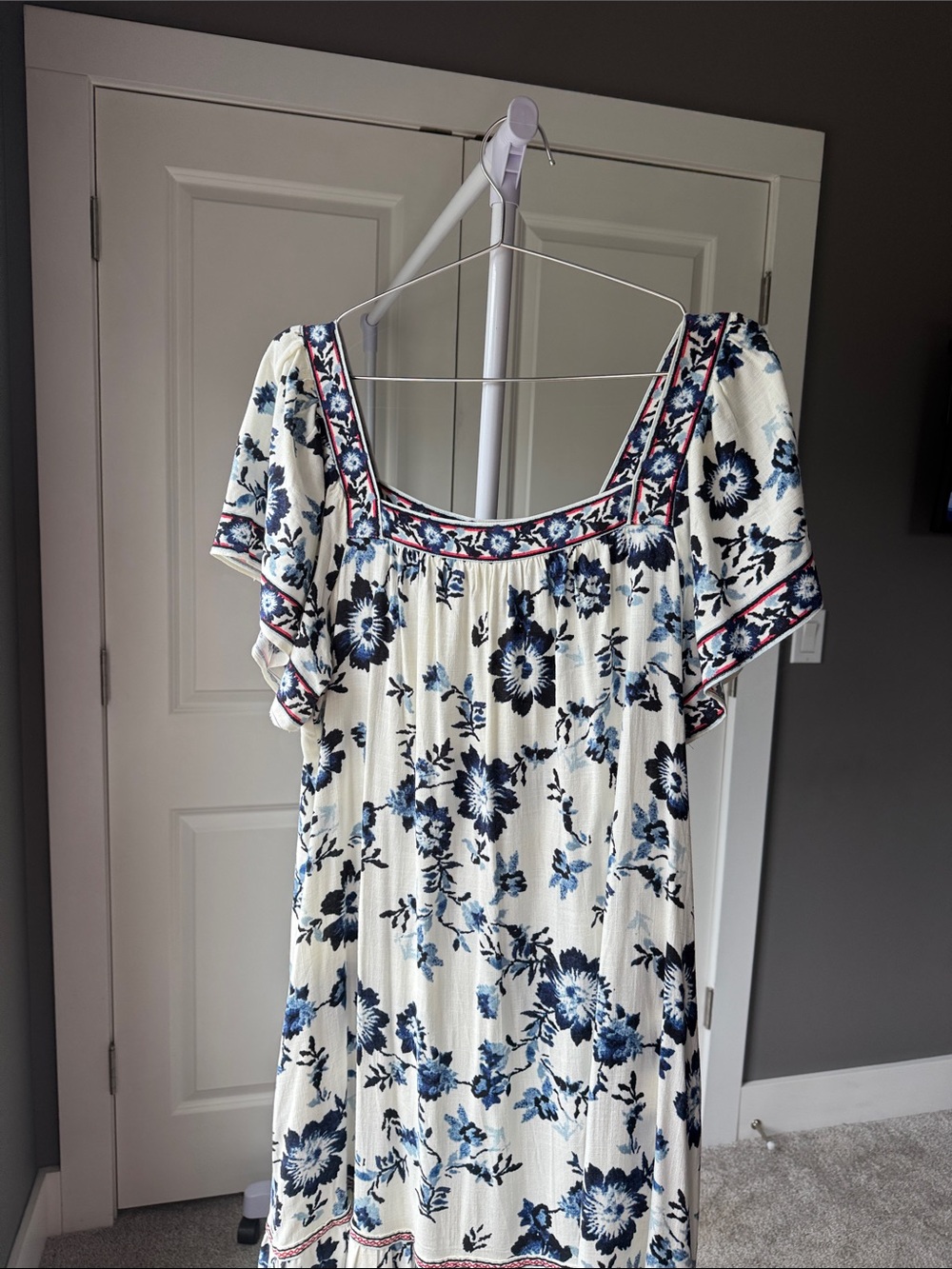 Max Studio White Floral Square Neck Dress with Blue Print